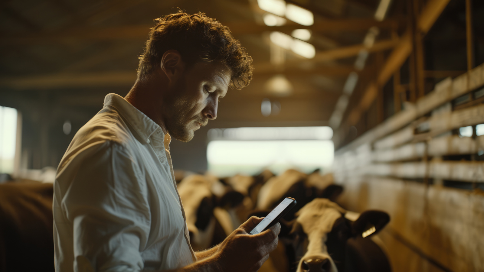 Farmer with smart device in cowhouse carrying out checks on livestock using the brandedNestForms offline survey app