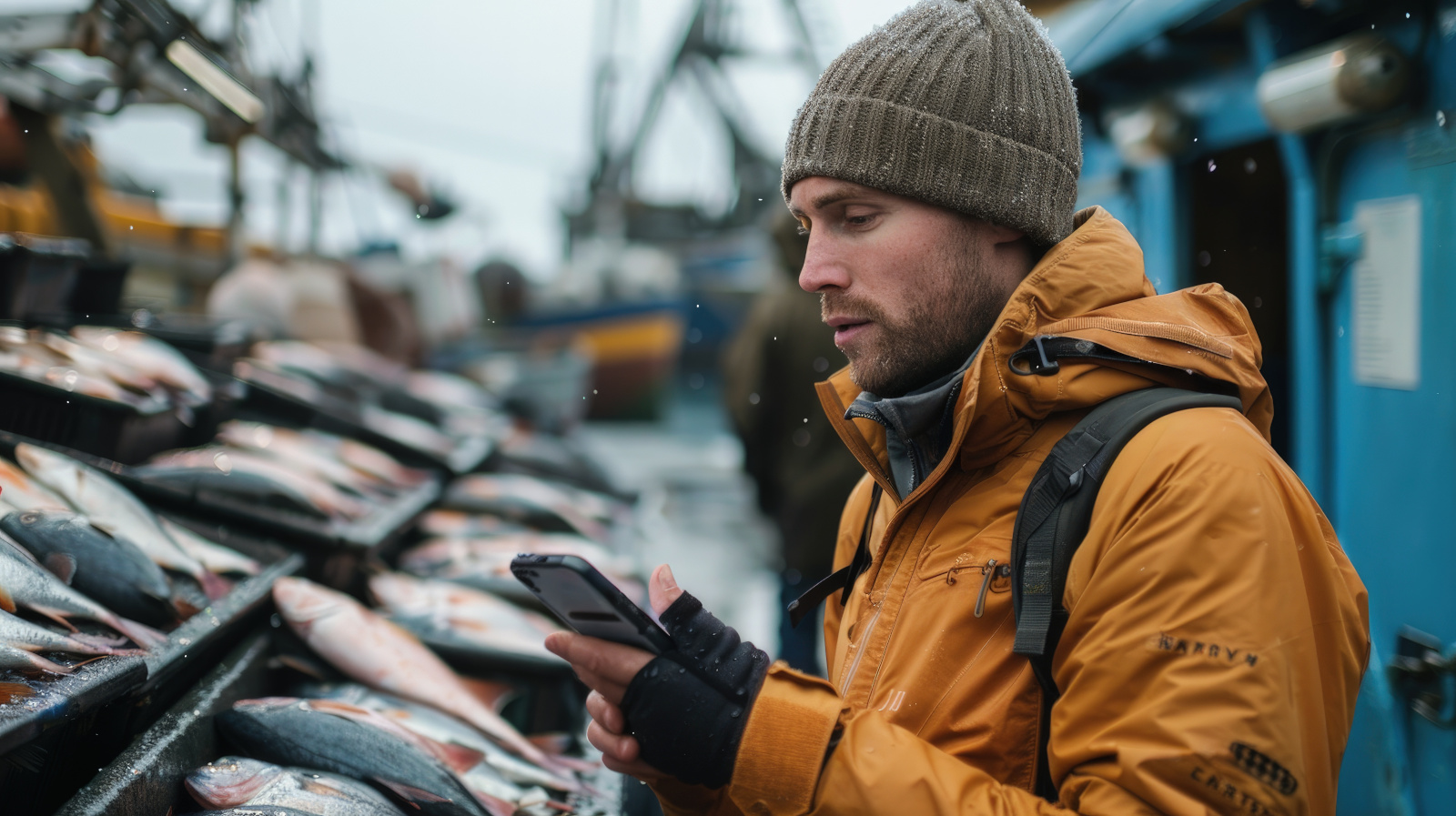 Fisheries employee with smartphone monitoring a catch, using the NestForms offline survey app to track sustainable seafood