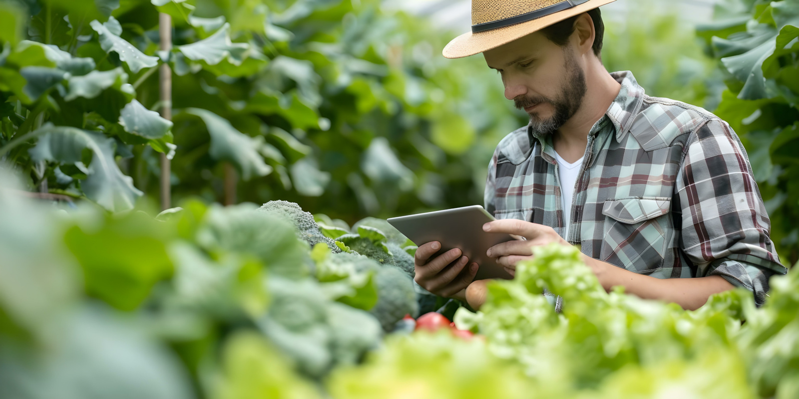 Agriculturalist with smart device inspecting crops on organic farm using the NestForms offline survey app